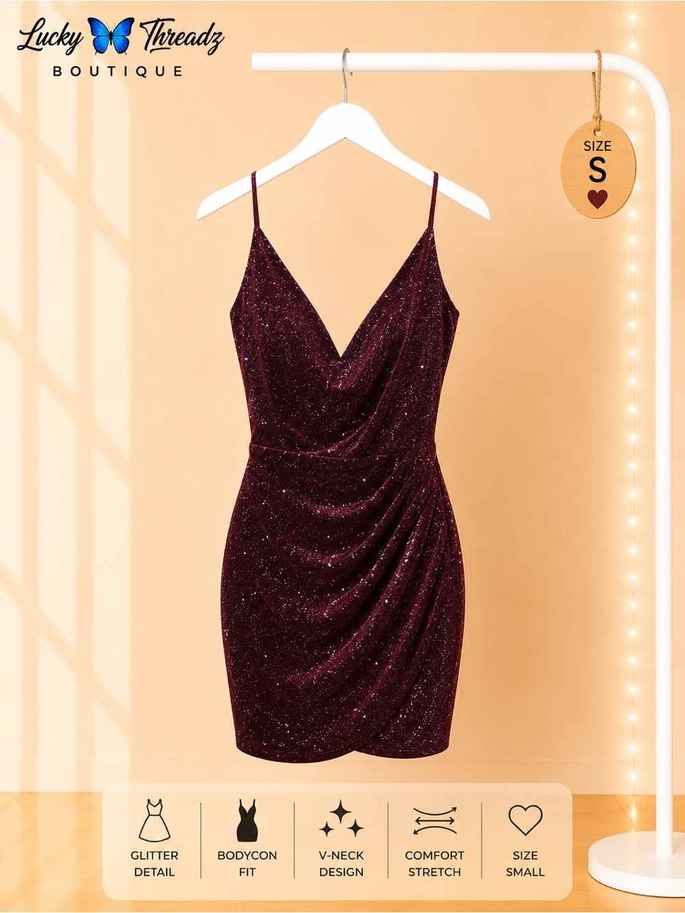 Windsor Sparkle Maroon V-Neck Mini Dress Size Small